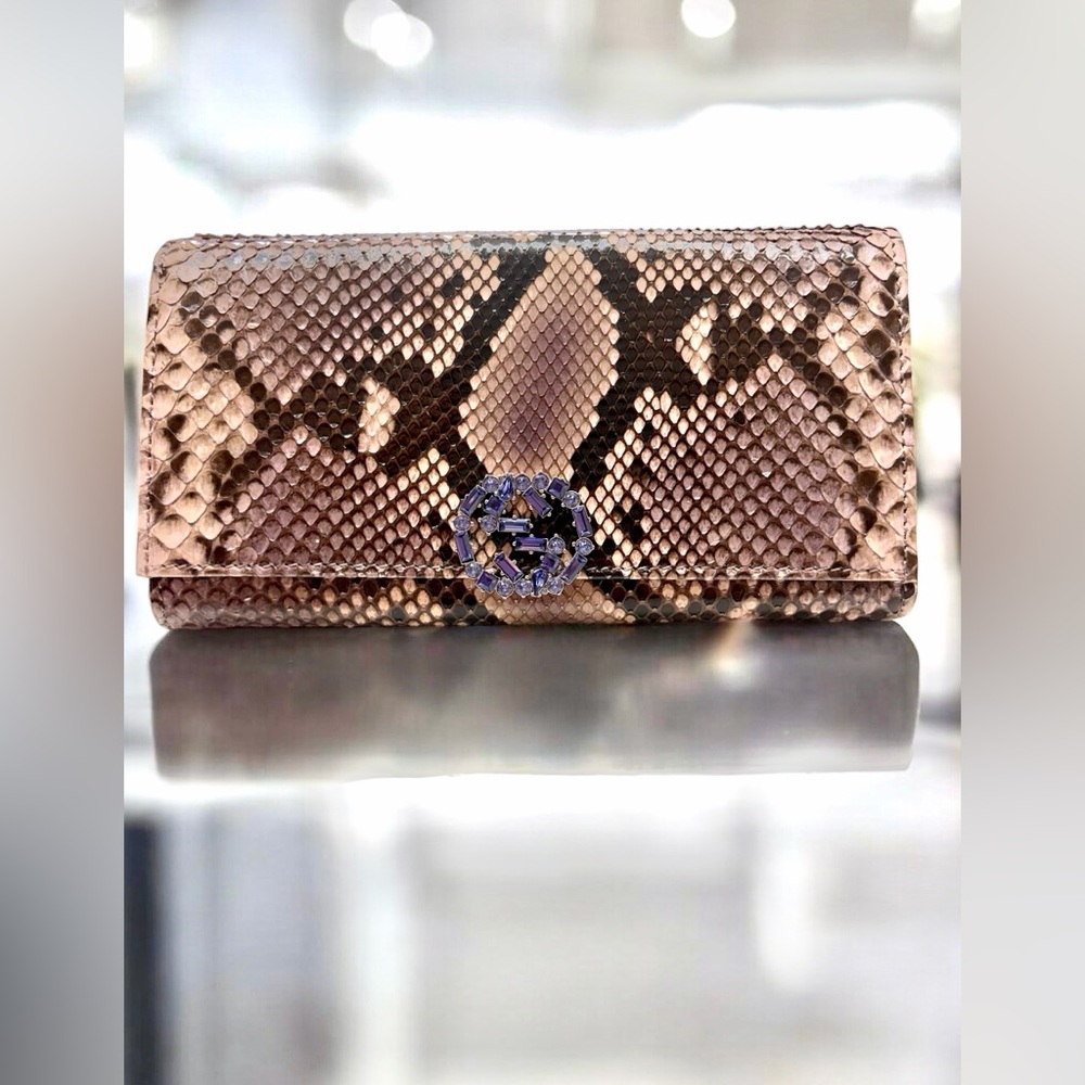 Gucci Snakeskin Wallet Clutch with Crystal GG Logo